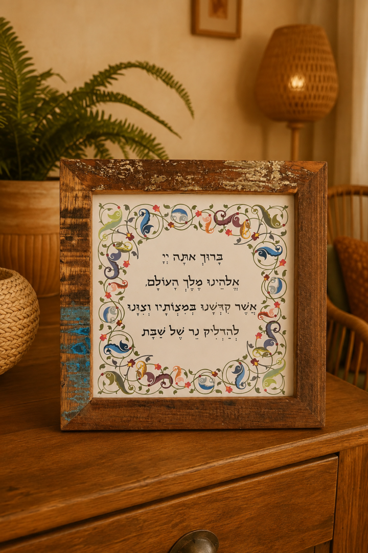 מסגרת עץ- הדלקת נרות של שבת עם איור 18x18
